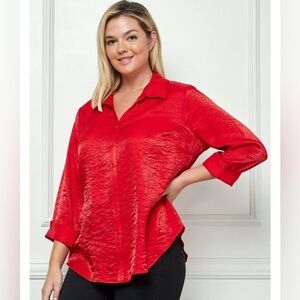 3/4 NOTCH SLEEVE BUTTON UP FRONT SHIRT TOP DRESS BARN SATIN RED SZ 22/24 #1607